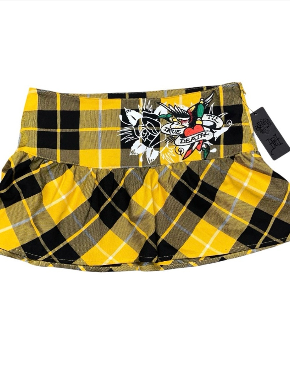 Ed Hardy Black Yellow Plaid Ruffle Mini Shirt Medium NWT Skater Eagle Rose
